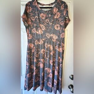 Blue/grey coral pink floral dress! 0XL, so soft! Midi dress with pockets!